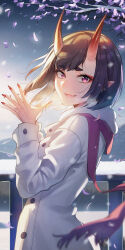 Rule 34 | 1girl, absurdres, backlighting, bob cut, breasts, contemporary, eyeliner, fate/grand order, fate (series), highres, horns, jacket, kaer sasi dianxia, long sleeves, looking at viewer, makeup, oni, open mouth, pointy ears, purple eyes, purple hair, purple scarf, scarf, short hair, shuten douji (fate), skin-covered horns, small breasts, smile, solo, white jacket
