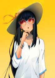 Rule 34 | 1girl, armlet, black hair, breasts, collarbone, earrings, gold earrings, hair between eyes, hand on own chin, hand up, hat, highres, jewelry, large breasts, long hair, long sleeves, open mouth, red-tinted eyewear, red eyes, ritadrawings, shirt, simple background, solo, spy x family, straw hat, thinking, tinted eyewear, upper body, white shirt, yor briar