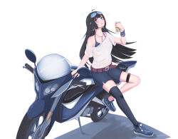 Rule 34 | 1girl, artist name, belt, black hair, black thighhighs, blue bra, blue nails, blunt bangs, bra, bracelet, breasts, can, chinese commentary, collarbone, commentary request, drunk, full body, highres, jewelry, leaning back, long hair, mahjong soul, motor vehicle, motorcycle, nadeshiko (mahjong soul), nail polish, necklace, off shoulder, shirt, shoes, shorts, signature, single thighhigh, small breasts, sneakers, solo, squeans, standing, straight hair, thighhighs, underwear, vinwri, white shirt