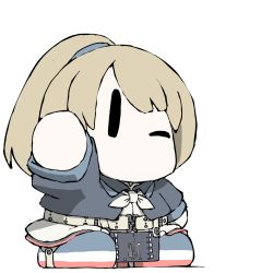 Rule 34 | 1girl, black jacket, blue footwear, chibi, collared jacket, cropped jacket, dress, flight deck, grey dress, hair tie, hand up, intrepid (kancolle), jacket, kantai collection, light brown hair, miniskirt, neck pillow, neckerchief, no mouth, one eye closed, open clothes, open jacket, ponytail, shoes, short hair, short sleeves, simple background, skirt, solo, task (s task80), waving, white background, white neckerchief, white skirt