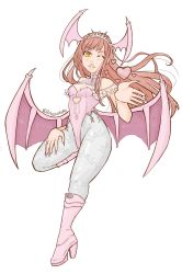 Rule 34 | 1girl, absurdres, animal print, artist name, bare shoulders, bat wings, blowing kiss, boots, breasts, clothing cutout, crossover, demon girl, detached collar, fate/grand order, fate (series), fingernails, frilled sleeves, frills, full body, hand on thigh, head wings, heart, heart cutout, high heels, highleg, highleg leotard, highres, leotard, long hair, looking at viewer, low wings, medb (fate), medium breasts, nail polish, one eye closed, pantyhose, parody, pink footwear, pink hair, pink nails, pink wings, print pantyhose, raion (raionmimi), simple background, smile, solo, standing, standing on one leg, tiara, vampire (game), white background, white pantyhose, wings, yellow eyes