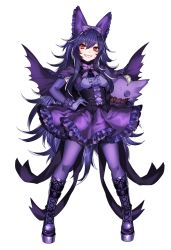 Rule 34 | 1girl, bad id, bad twitter id, boots, bow, cape, corset, creatures (company), cross-laced footwear, dress, elbow gloves, female focus, full body, game freak, gen 1 pokemon, gengar, gloves, grin, highres, katagiri hachigou, knee boots, lace-up boots, long hair, nintendo, pantyhose, personification, platform boots, platform footwear, pokemon, purple hair, red eyes, simple background, smile, solo, very long hair, white background