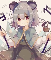 Rule 34 | 1girl, animal ears, basket, brown dress, brown eyes, capelet, closed mouth, commentary request, cowboy shot, dated, dowsing rod, dress, grey hair, hair between eyes, holding, jewelry, long sleeves, looking at viewer, medium hair, mina (sio0616), mouse (animal), mouse ears, mouse tail, nazrin, notice lines, one-hour drawing challenge, pendant, prism, red eyes, simple background, smile, solo, standing, star (symbol), tail, touhou, white background