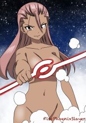 Rule 34 | 1girl, android, artist name, convenient censoring, dot nose, eden&#039;s zero, energy sword, firephxslayer, highres, holding, holding sword, holding weapon, long hair, looking at viewer, mashima hiro, navel, night, night sky, nude, pink eyes, pink hair, scar, scar across eye, sky, smile, solo, steam, steam censor, sword, valkyrie (eden&#039;s zero), weapon