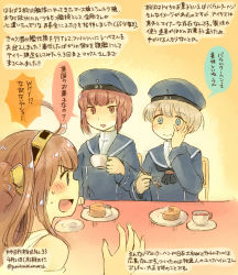 Rule 34 | 10s, 3girls, :d, bare shoulders, blue eyes, brown hair, cake, clothes writing, colored pencil (medium), cup, dated, double bun, dress, eating, food, fork, hairband, hand on own cheek, hand on own face, hat, headgear, japanese clothes, kantai collection, kirisawa juuzou, kongou (kancolle), long hair, multiple girls, neckerchief, nontraditional miko, numbered, open mouth, personification, sailor dress, sailor hat, short hair, smile, teacup, traditional media, translation request, twitter username, z1 leberecht maass (kancolle), z3 max schultz (kancolle)
