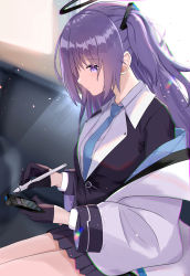 Rule 34 | 1girl, absurdres, black jacket, blue archive, blue necktie, closed mouth, clothes around waist, collared shirt, frilled skirt, frills, gloves, half gloves, halo, highres, holding, holding phone, jacket, jacket around waist, long hair, looking at phone, necktie, phone, purple eyes, shirt, sitting, skirt, solo, stylus, torabera, twintails, white jacket, white shirt, yuuka (blue archive)