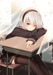 Rule 34 | 1girl, alternate costume, bison cangshu, black hairband, black serafuku, black skirt, black thighhighs, blue eyes, casual, chair, classroom, closed mouth, commentary request, contemporary, crossed arms, desk, eyes visible through hair, hairband, head rest, indoors, leaning forward, leaning on object, mole, mole under mouth, nier (series), nier:automata, no blindfold, on chair, partial commentary, petals, pleated skirt, revision, school, school desk, school uniform, serafuku, short hair, sitting, skindentation, skirt, solo, thighhighs, white hair, wind, wooden floor, 2b (nier:automata)