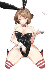 Rule 34 | 1girl, alternate costume, animal ears, black footwear, black leotard, bow, bowtie, brown hair, condom, condom wrapper, detached collar, flipped hair, green eyes, high heels, highres, kantai collection, kneeling, leotard, mutsu (kancolle), one-hour drawing challenge, playboy bunny, rabbit ears, red bow, red bowtie, red thighhighs, short hair, simple background, solo, strapless, strapless leotard, striped clothes, striped thighhighs, tetsukuzu (yajirushi shita), thighhighs, twitter username, white background, wrist cuffs