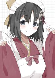 Rule 34 | 1girl, apron, blue eyes, blush, bow, breasts, cosplay, haguro (kancolle), haguro kai ni (kancolle), hair bow, hair ornament, highres, japanese clothes, kamikaze (kancolle), kamikaze (kancolle) (cosplay), kantai collection, kimono, long sleeves, looking at viewer, maid, maid headdress, medium breasts, red kimono, simple background, smile, solo, toriniku senshi chikinman, upper body, wa maid, white apron, wide sleeves, yellow bow