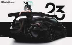 Rule 34 | 1girl, :d, absurdres, animal ears, aris (blue archive), black hair, black leotard, blue archive, blue eyes, car, commentary, english commentary, fake animal ears, halo, highleg, highleg leotard, highres, leotard, long hair, looking at viewer, motor vehicle, nougat (73r1r1), open mouth, pantyhose, playboy bunny, rabbit ears, signature, sitting, smile, spoiler (automobile), strapless, strapless leotard, subaru (brand), subaru brz, vehicle focus, very long hair