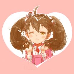 Rule 34 | 1girl, ahoge, blush stickers, brown eyes, brown hair, fujinozu, heart, holding, holding own hair, jacket, kantai collection, looking at viewer, medium hair, one eye closed, pink jacket, ryuujou (kancolle), solo, twintails, upper body