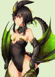Rule 34 | 1girl, astalos, black hair, black thighhighs, breasts, dragon girl, dragon horns, dragon tail, dragon wings, highres, horns, monster hunter (series), personification, red eyes, short hair, small breasts, solo, tail, thighhighs, tobi-mura, wings