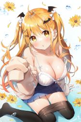 Rule 34 | 1girl, ahoge, armpit crease, ayamy, bare shoulders, black pantyhose, blonde hair, blue skirt, bra, breasts, brown cardigan, cardigan, cleavage, clothes pull, collarbone, hair ornament, hairclip, highres, hololive, large breasts, long hair, long sleeves, looking at viewer, miniskirt, off shoulder, open cardigan, open clothes, pantyhose, pantyhose pull, parted lips, pleated skirt, skirt, sleeves past wrists, solo, strap slip, string bra, thighs, two side up, underwear, virtual youtuber, white bra, x hair ornament, yellow eyes, yozora mel