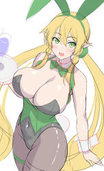 Rule 34 | 1girl, animal ears, black pantyhose, blonde hair, blush, breasts, cleavage, curvy, elf, fairy, fake animal ears, green eyes, green leotard, happy, highres, huge breasts, kawase seiki, large breasts, leafa, leotard, long ears, long hair, navel, pantyhose, playboy bunny, pointy ears, rabbit ears, sketch, skin tight, skindentation, solo, sword art online, thick thighs, thighs, unfinished, very long hair