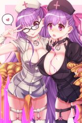 Rule 34 | 10s, 2girls, bb (bb shot!) (fate), bb (fate), black legwear, blush, bow, breasts, cleavage, fate/extra, fate/extra ccc, fate/grand order, fate (series), glasses, hair between eyes, hair bow, hat, highres, huge breasts, long hair, looking at viewer, multiple girls, navel, nurse, nurse cap, passionlip (fate), purple eyes, purple hair, short sleeves, smile, syringe, thighhighs, tongue, tongue out, v, very long hair, white legwear, wrist cuffs