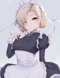 Rule 34 | 1girl, apron, arched back, arm behind back, azur lane, black dress, blonde hair, blue background, braid, breasts, bustier, buttons, chain, collar, corset, cross, dress, eyelashes, eyes visible through hair, french braid, frilled dress, frills, hair over one eye, hair ribbon, hand on own chest, hand up, highres, inverted cross, juliet sleeves, long sleeves, looking at viewer, maid, maid apron, maid headdress, medium breasts, metal collar, parted lips, puffy sleeves, ranju aira, ribbon, sheffield (azur lane), simple background, solo, tsurime, white ribbon, wrist cuffs, yellow eyes
