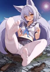 Rule 34 | 1girl, :3, absurdres, alternate costume, animal ears, arknights, black sailor collar, black skirt, blue neckerchief, blush, braid, breasts, chinese commentary, commentary request, commission, cropped shirt, dated, extra ears, fang, feet, full body, giant, giantess, hair between eyes, highres, lens flare, long hair, looking at viewer, medium breasts, midriff, miniskirt, navel, neckerchief, no shoes, open mouth, paid reward available, panties, panties under pantyhose, pantyhose, paw panties, pleated skirt, provence (arknights), puffy short sleeves, puffy sleeves, purple hair, reclining, sailor collar, sailor shirt, school uniform, serafuku, shirt, short sleeves, side braid, skin fang, skirt, soles, solo, synring97, tail, thighband pantyhose, underwear, variant set, white panties, white pantyhose, white shirt, wolf ears, wolf girl, wolf tail, yellow eyes