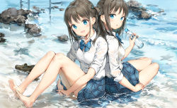 Rule 34 | 2girls, anmi, back-to-back, bare legs, barefoot, beach, black hair, blue eyes, blush, bottle, day, feet, hugging own legs, loafers, long hair, long sleeves, looking at viewer, multiple girls, no shoes, ocean, one side up, open mouth, original, outdoors, partially submerged, pleated skirt, ramune, sand, school uniform, serafuku, shoes, unworn shoes, sitting, skirt, sleeves rolled up, smile, toes, water, wet, wet clothes, yokozuwari
