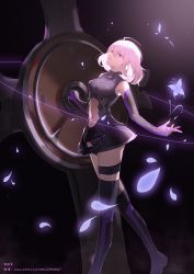 Rule 34 | absurdres, armor, armored dress, artist name, boots, clothing cutout, elbow gloves, fate/grand order, fate (series), flower, gloves, glowing, high collar, highres, legband, magic, mash kyrielight, medium hair, navel cutout, petals, pink eyes, pink hair, shield, skyqaq, solo, thigh boots, thighhighs, watermark, web address