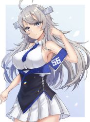 Rule 34 | 1girl, ahoge, blue necktie, blush, breasts, closed mouth, clothes writing, collared shirt, cowboy shot, grey eyes, hair between eyes, headgear, highres, kantai collection, large breasts, long hair, monoku, necktie, pleated skirt, shirt, silver hair, skirt, sleeveless, sleeveless shirt, smile, solo, washington (kancolle), white shirt, white skirt