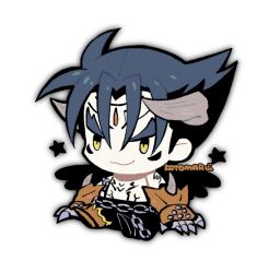 Rule 34 | 1boy, :3, black hair, black wings, chest tattoo, chibi, devil jin, forehead jewel, gloves, grey horns, horns, kazama jin, kotorai, looking ahead, male focus, muted color, no nose, orange gloves, simple background, sitting, solo, star (symbol), studded gloves, tattoo, tekken, thick eyebrows, topless male, v-shaped eyebrows, white background, wings