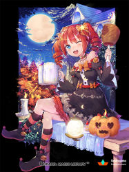 Rule 34 | 1girl, bare shoulders, beer mug, black socks, blue eyes, blush, breasts, candle, collarbone, company name, copyright name, crossed legs, cup, drill hair, full body, halloween, heart, jack-o&#039;-lantern, kneehighs, looking at viewer, medium breasts, moon, mug, night, official art, one eye closed, open mouth, orange hair, orange socks, outdoors, qurare magic library, shoonear, short hair, sitting, smile, socks, solo, striped clothes, striped socks, twin drills