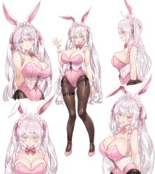 Rule 34 | 1girl, animal ears, blush, bow, bowtie, breasts, brown pantyhose, cleavage, corset, covered navel, detached collar, fake animal ears, fishnets, full body, highres, kiyama satoshi, large breasts, leotard, long hair, looking at viewer, multiple views, original, pantyhose, pink eyes, pink leotard, playboy bunny, rabbit ears, rabbit tail, smile, strapless, tail, traditional bowtie, twintails, virtual youtuber, white corset, white hair, wrist cuffs