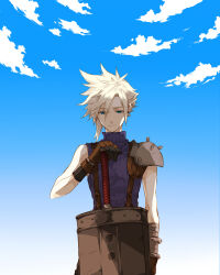 Rule 34 | 1boy, armor, backlighting, bad source, bisuko, blonde hair, blue eyes, blue sky, blue sweater, brown gloves, buster sword, cloud, cloud strife, cloudy sky, final fantasy, final fantasy vii, gloves, gradient background, hand up, looking down, male focus, pauldrons, planted, planted sword, planted weapon, sad smile, short hair, shoulder armor, single pauldron, sky, sleeveless, sleeveless sweater, sleeveless turtleneck, solo, spiked hair, standing, suspenders, sweater, sword, third-party source, turtleneck, turtleneck sweater, upper body, weapon