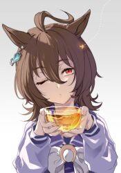 Rule 34 | 1girl, agnes tachyon (umamusume), ahoge, animal ears, bow, bowtie, brown hair, bug, butterfly, cup, dotted line, earrings, grey background, hair between eyes, highres, holding, holding cup, horse ears, insect, jewelry, long sleeves, looking at viewer, medium hair, one eye closed, puckered lips, purple shirt, reaching, reaching towards viewer, red eyes, sailor collar, school uniform, shirin (tsukimiyagura), shirt, simple background, single earring, solo, tea, tracen school uniform, umamusume, upper body