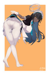 Rule 34 | 1girl, absurdres, artist request, ass, bent over, black hair, blue archive, blue hair, blush, breasts, clothes lift, dark-skinned female, dark skin, from behind, gloves, halo, headdress, highres, karin (blue archive), large breasts, leaning, leaning forward, long hair, looking at viewer, maid, maid headdress, multicolored hair, pantyhose, pantylines, skirt, skirt hold, skirt lift, solo, very long hair, white pantyhose, yellow eyes