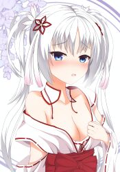 Rule 34 | 1230 mochi, 1girl, absurdres, blue eyes, blush, breasts, cleavage, collarbone, flower, hair ornament, highres, japanese clothes, long hair, looking at viewer, open mouth, senren banka, simple background, solo, tomotake yoshino, twintails, very long hair, white background, white hair, yuzu-soft
