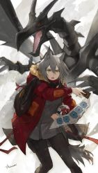 Rule 34 | 1girl, animal ears, arknights, card, commentary, dragon, duel disk, duel monster, english commentary, fur-trimmed hood, fur trim, grey hair, hair between eyes, hei chuan gui, highres, holding, holding card, hood, hooded jacket, jacket, knapsack, looking at viewer, open mouth, projekt red (arknights), red-eyes black dragon, red eyes, red jacket, signature, spread wings, tail, wolf ears, wolf tail, yellow eyes, yu-gi-oh!
