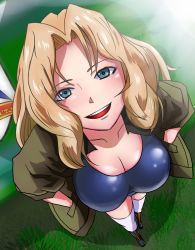 Rule 34 | 1girl, artist request, blonde hair, blue eyes, blush, boots, breasts, cleavage, from above, full body, girls und panzer, grass, green jacket, hand in pocket, highres, jacket, kay (girls und panzer), large breasts, long hair, looking at viewer, open mouth, smile, solo, standing, tank top, thighhighs, white thighhighs