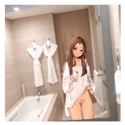 Rule 34 | 1girl, absurdres, artist name, artist request, bath, bathroom, blush, brown eyes, brown hair, cellphone, cleft of venus, closed mouth, collarbone, eyebrows, female focus, female pubic hair, gluteal fold, highres, indoors, lifting own clothes, lips, long hair, looking at viewer, mirror, phone, pubic hair, pussy, selfie, smartphone, smile, solo, sparse pubic hair