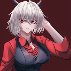 Rule 34 | 1girl, bad id, bad pixiv id, black horns, black vest, breasts, collared shirt, demon girl, demon horns, demon tail, fkskii65, frown, hair between eyes, helltaker, highres, horns, large breasts, malina (helltaker), red eyes, red shirt, shirt, short hair, sleeves rolled up, solo, tail, upper body, vest, waistcoat, white hair
