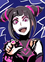 Rule 34 | 1girl, :d, black hair, han juri, looking at viewer, nail polish, open mouth, pink eyes, pink nails, pointing, sketch, smile, solo, stalkeralker, street fighter