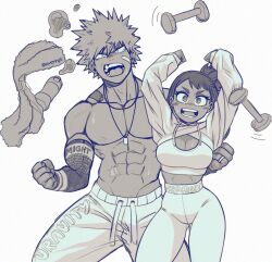 Rule 34 | 1boy, 1girl, angry, arms up, bakugou katsuki, bandage on face, bandages, boku no hero academia, bottle, breasts, cleavage, dimples, hetero, highres, husband and husband, jewelry, large breasts, medium breasts, muscular, muscular male, necklace, niverins, pants, pectorals, ring, scar, scar on stomach, topless male, uraraka ochako, water bottle, wedding ring, weights, yoga pants