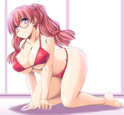 Rule 34 | 1girl, all fours, ass, barefoot, bikini, breasts, covered erect nipples, female focus, full body, glasses, large breasts, log-mi (tonpuu), long hair, original, parted lips, pink hair, purple eyes, red bikini, solo, swimsuit, tonpuu, twintails