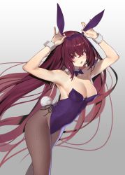 Rule 34 | 1girl, absurdres, animal ears, armpits, arms up, blush, breasts, cleavage, commentary request, detached collar, fake animal ears, fate/grand order, fate (series), fishnet pantyhose, fishnets, gradient background, hair between eyes, highleg, highleg leotard, highres, jikatarou, large breasts, leotard, long hair, looking at viewer, official alternate costume, open mouth, pantyhose, playboy bunny, purple hair, purple leotard, rabbit ears, rabbit tail, red eyes, scathach (fate), scathach (piercing bunny) (fate), tail, thighs, wrist cuffs