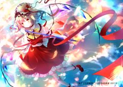 Rule 34 | 1girl, blonde hair, feathers, female focus, flandre scarlet, hair ornament, holding, light particles, magical girl, red eyes, red ribbon, ribbon, riichu, side ponytail, skirt, solo, staff, touhou, watermark, wings