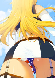 Rule 34 | 10s, 1girl, american flag panties, american flag print, ass, back, bad id, bad pixiv id, belt, blonde hair, blue sky, cloud, cowboy shot, crotch seam, day, flag print, from behind, from below, garter straps, gloves, iowa (kancolle), kantai collection, long hair, miniskirt, panties, pantyshot, print panties, skirt, sky, sleeveless, solo, standing, star (symbol), star print, striped, sweat, tear tear0320, thighhighs, underwear, upskirt, vertical stripes