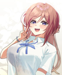 1girl blue_eyes blue_ribbon blush breasts brown_hair double-parted_bangs gakuen_idolmaster hair_between_eyes hatsuboshi_gakuen_school_uniform highres himesaki_rinami idolmaster large_breasts long_hair looking_at_viewer neck_ribbon neng_meng ribbon school_uniform see-through_silhouette shirt short_sleeves smile solo upper_body v very_long_hair white_shirt