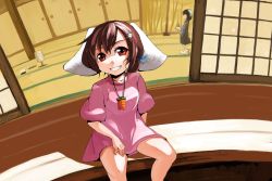 Rule 34 | 2girls, animal ears, black hair, rabbit hair ornament, carrot, carrot necklace, cup, dress, extra, extra ears, grin, hair ornament, inaba mob (touhou), inaba tewi, jewelry, looking at viewer, multiple girls, necklace, nihimaru, pendant, pink dress, rabbit ears, red eyes, short hair, smile, teacup, touhou