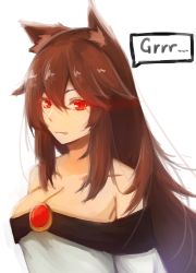 Rule 34 | 1girl, absurdres, animal ears, breasts, brooch, brown hair, cleavage, collarbone, dress, expressionless, fang, highres, imaizumi kagerou, jewelry, large breasts, long hair, long sleeves, red eyes, shirosama (olheat), simple background, solo, speech bubble, touhou, white background, wide sleeves, wolf ears
