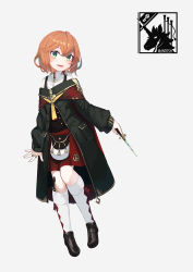 Rule 34 | 1girl, black footwear, black jacket, blush, brown hair, commentary request, dagger, eyebrows hidden by hair, fang, full body, green eyes, grey background, hair between eyes, highres, holding, holding dagger, holding knife, holding weapon, jacket, jewelry, kneehighs, knife, loafers, long sleeves, looking at viewer, natori youkai, off shoulder, original, parted lips, plaid, plaid skirt, pleated skirt, puffy long sleeves, puffy sleeves, red skirt, ring, shirt, shoes, short hair, simple background, skirt, sleeves past wrists, smile, socks, solo, weapon, white shirt, white socks