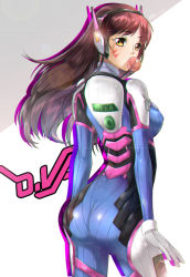 Rule 34 | 1girl, absurdres, artist name, ass, bodysuit, breasts, brown hair, blowing bubbles, character name, chewing gum, cowboy shot, d.va (overwatch), dated, eyebrows, facepaint, facial mark, from behind, gloves, han xiao xue beifang xue ji, headphones, high collar, highres, long hair, looking at viewer, looking back, medium breasts, overwatch, overwatch 1, pilot suit, shoulder pads, solo, turtleneck, whisker markings, white gloves, yellow eyes