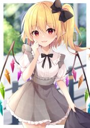 Rule 34 | 1girl, absurdres, alternate costume, black bow, blonde hair, blurry, blurry background, blush, bow, commentary request, cowboy shot, crystal, depth of field, flandre scarlet, frills, hair between eyes, hair bow, hand up, highres, looking at viewer, miy@, no headwear, one side up, open mouth, outdoors, pointy ears, puffy short sleeves, puffy sleeves, red eyes, shirt, short sleeves, skirt, solo, standing, touhou, twitter username, white shirt, wings