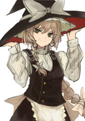 Rule 34 | 1girl, adjusting clothes, adjusting headwear, alternate hairstyle, apron, black hat, black skirt, black vest, blonde hair, border, bow, braid, closed mouth, commentary, earrings, green eyes, hair bow, hat, hat bow, high collar, hoop earrings, jewelry, kirisame marisa, large bow, long hair, long sleeves, looking at viewer, necro (nekurodayo), ribbed shirt, shirt, side braid, simple background, single braid, skirt, skirt set, smile, solo, standing, touhou, vest, waist apron, white apron, white background, white bow, white shirt, witch hat