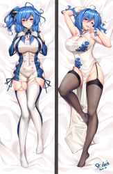 Rule 34 | 1girl, ahoge, arm behind head, artist name, azur lane, bed sheet, black thighhighs, blue hair, blush, braid, breasts, character name, commentary, commission, dakimakura (medium), dress, floral print, full body, garter straps, hair between eyes, highres, large breasts, long hair, looking at viewer, multiple views, no panties, parted lips, pelvic curtain, purple eyes, side ponytail, smile, st. louis (azur lane), st. louis (blue and white pottery) (azur lane), thighhighs, tony guisado, twin braids, white dress, white thighhighs