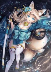 Rule 34 | 1girl, absurdres, afloat, air bubble, animal ears, azur lane, bell, blonde hair, blue kimono, breasts, bubble, cleavage, fox ears, fox tail, hair ornament, hayaman396, highres, japanese clothes, jingle bell, katana, kimono, kitsune, looking at viewer, looking up, medium breasts, multiple tails, niizuki (azur lane), obi, sash, solo, sword, tail, tears, thick eyebrows, thighhighs, underwater, water, weapon, white thighhighs